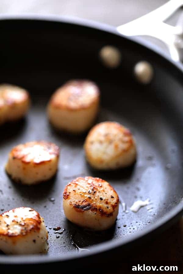 Seared sea scallops cooking to a golden perfection in a nonstick skillet, demonstrating the browning process.