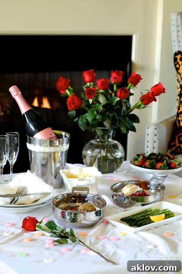 Photo of romantic dinner with roses by the fireplace.