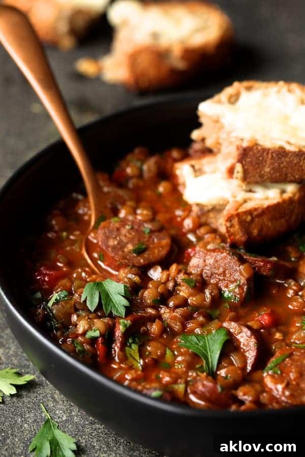 Close-up shot of Soupy Spanish Lentils with Chorizo and Manchego Toast in a black bowl with a gray napkin, highlighting the rich texture and melted cheese.