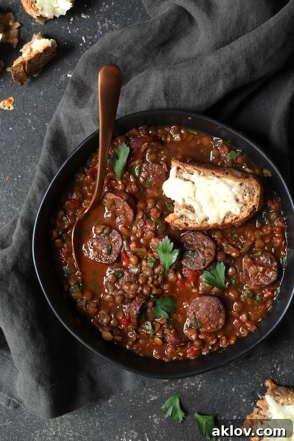 A complete serving of Soupy Spanish Lentils with Chorizo and Manchego Toast on a gray background, with a soft gray towel draped nearby, inviting to a cozy meal.