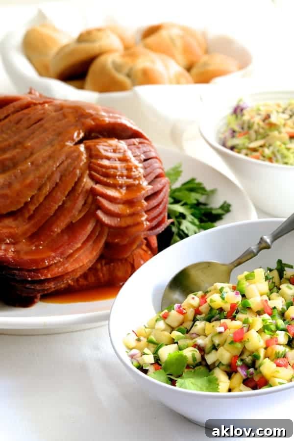 Photo of Slow Cooker Honey Ham with Pineapple Salsa along with some other side dishes.