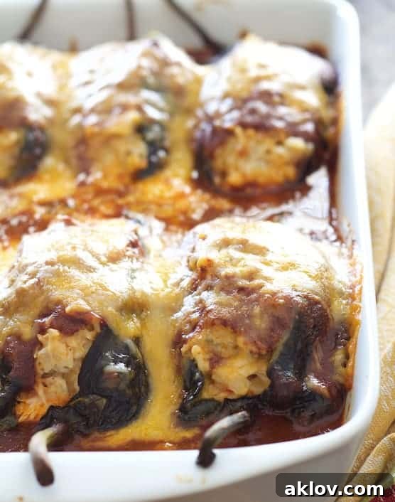 A large white baking dish filled with six golden-brown Chicken, Brown Rice, and Cheese-Stuffed Poblanos, glistening with melted cheese and red sauce.