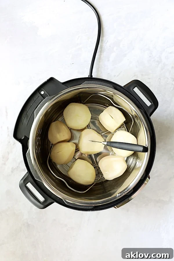 An overhead view of perfectly cooked whole turnips resting on the rack within an Instant Pot, showcasing their tender appearance.