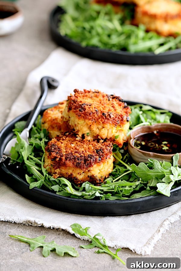 Close-up photo of a stack of three perfectly cooked Tuna Kimchi Cakes with Soy Ginger Dipping Sauce, showcasing their crispy exterior.