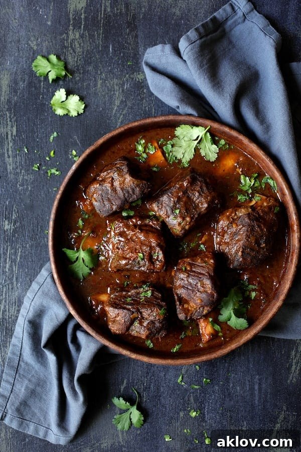 A serving of Slow Cooker Beef Short Ribs Barbacoa with Cilantro Lime Cauliflower Rice in a rustic clay bowl, garnished beautifully.