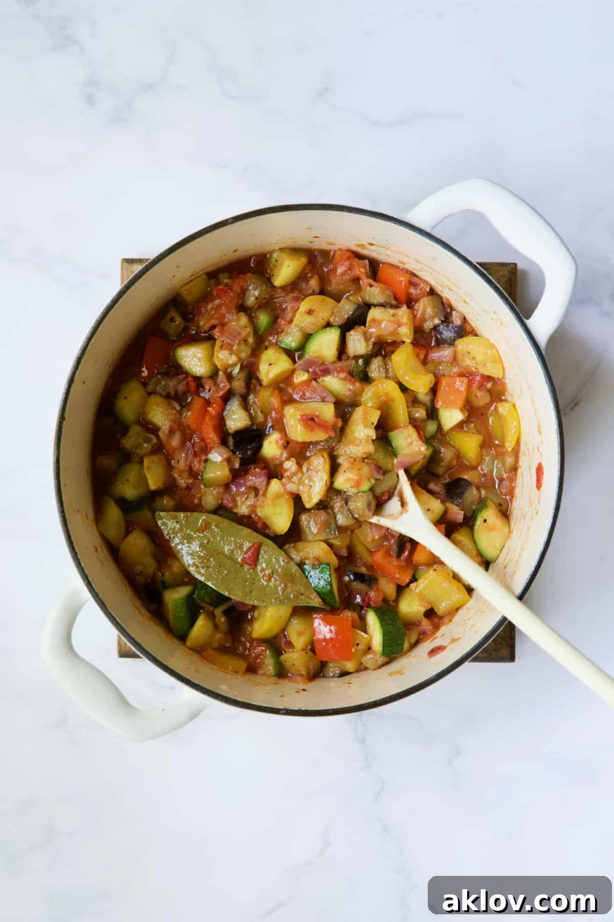 Eggplant, zucchini and yellow squash added back to Dutch oven.
