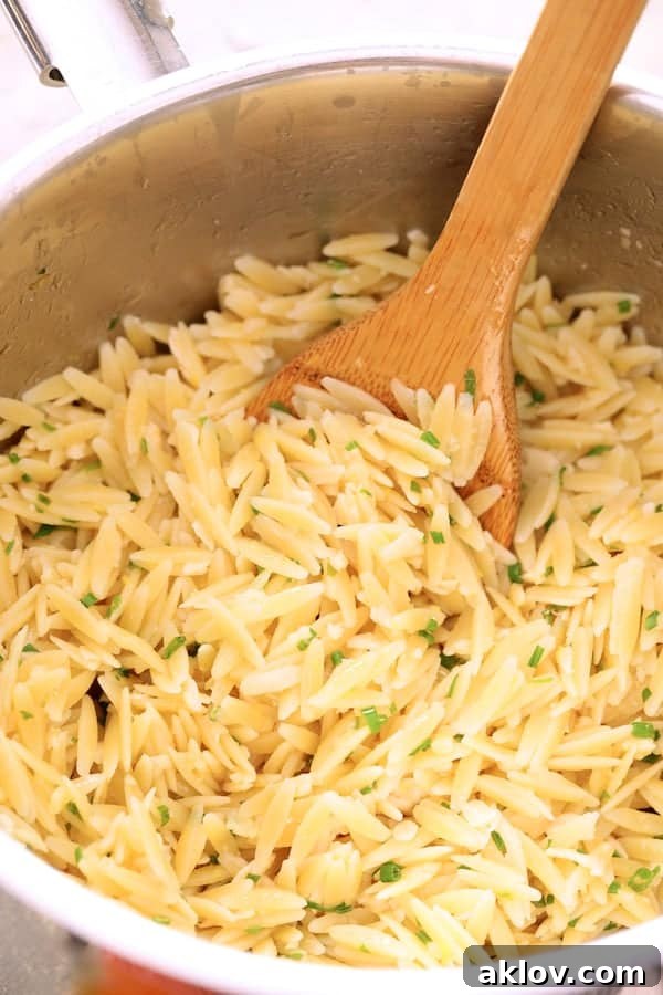 Photo of orzo in saucepan being stirred with wooden spoon.