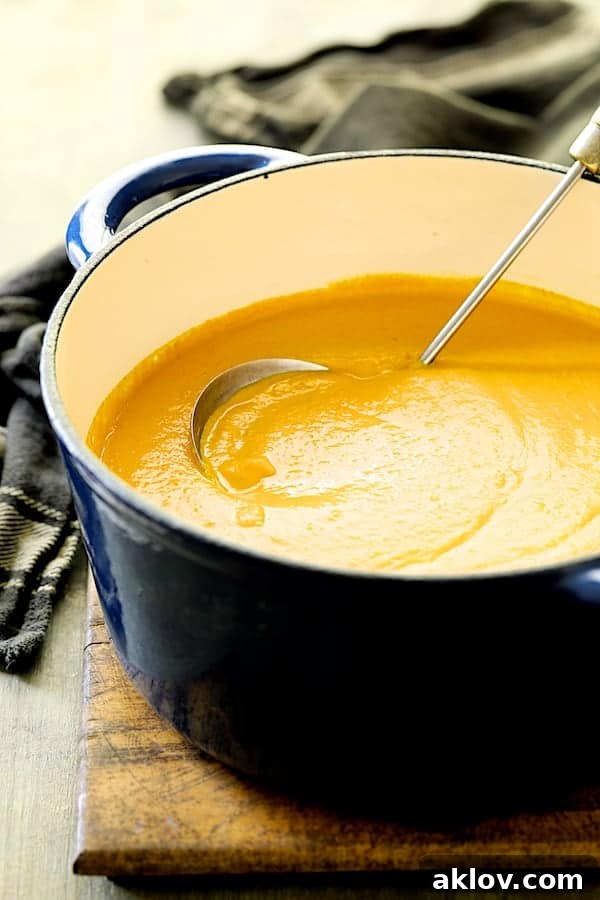 Smooth, creamy Spicy Indonesian Vegan Carrot Almond Soup in a blue Dutch oven, with a ladle resting inside.