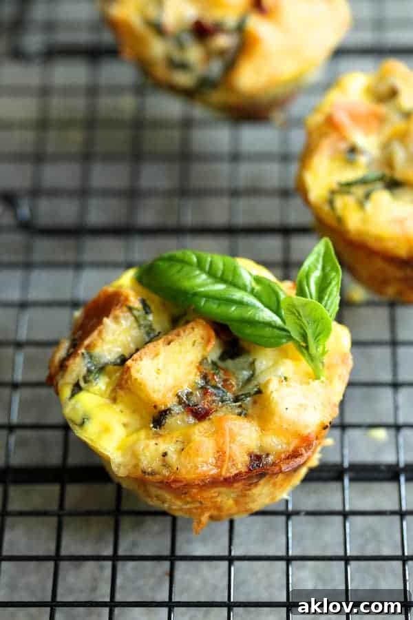 Close-up photo of uncooked Muffin Pan Stratas with Basil and Sun-Dried Tomatoes nestled in a muffin pan on a cooling rack.