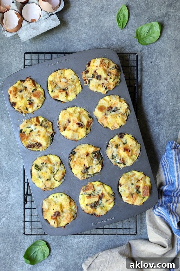Photo of Muffin Pan Stratas with Basil and Sun-Dried Tomatoes in the muffin pan, freshly baked and golden.