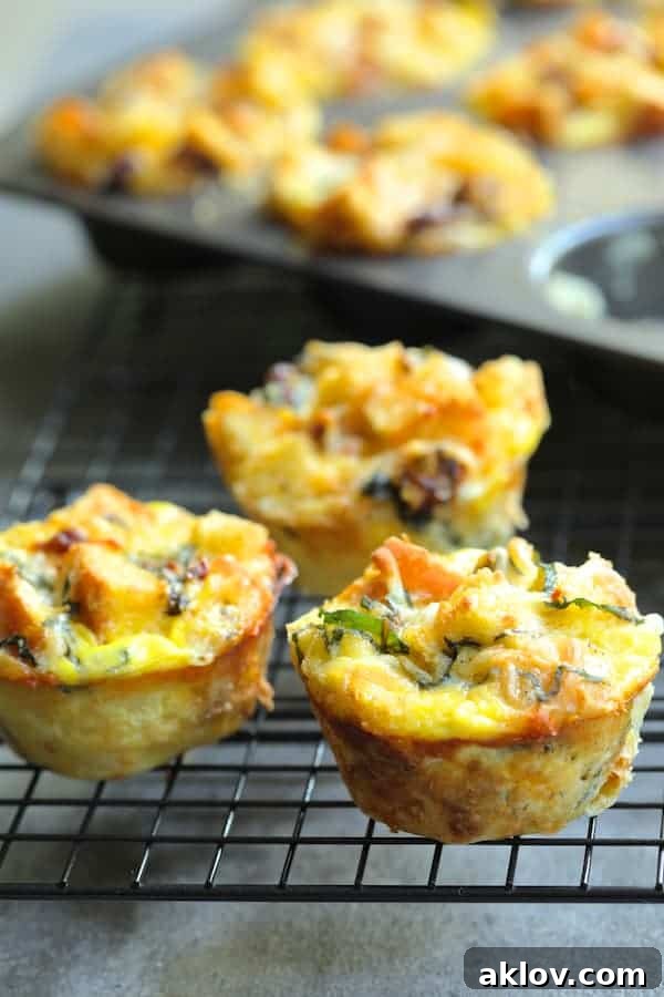 Photo of three Muffin Pan Stratas with Basil and Sun-Dried Tomatoes on a cooling rack, with the remaining stratas still in the pan in the background.