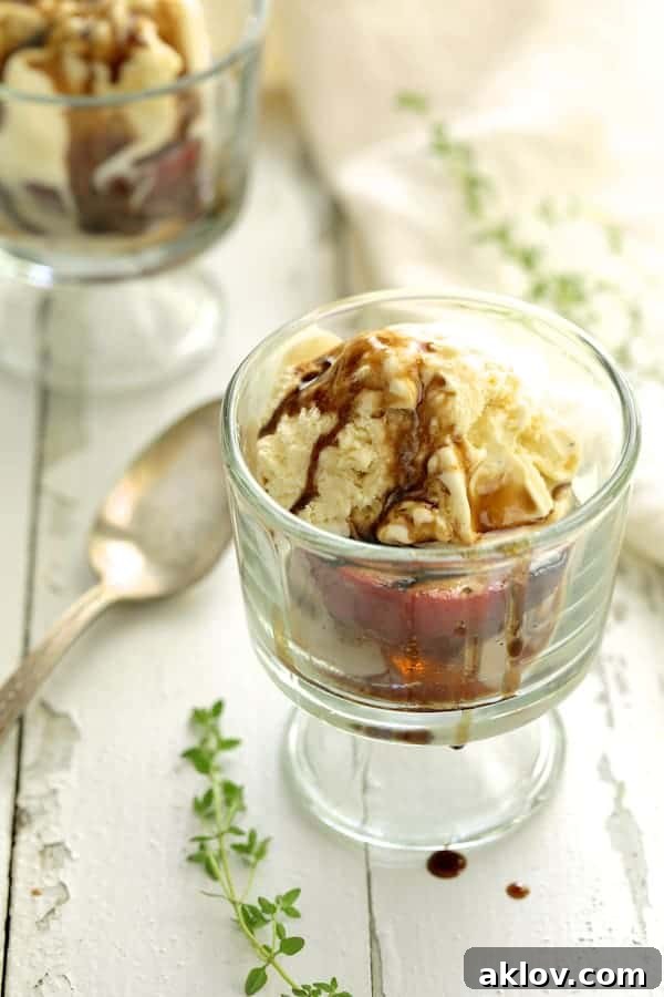 Photo of Grilled Peaches with Vanilla Ice Cream and Honey Balsamic Drizzle in glass serving dish.