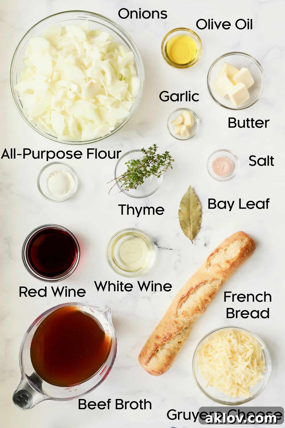 Date Night French Onion Indulgence 4 Photo of ingredients for French Onion Soup for Two in glass bowls.