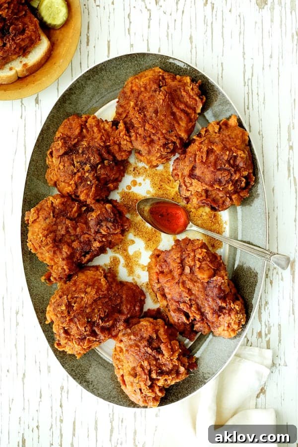 Photo of Nashville Style Hot Fried Chicken on gray rimmed platter drizzled with sauce, showcasing its appealing crispy texture and vibrant color.