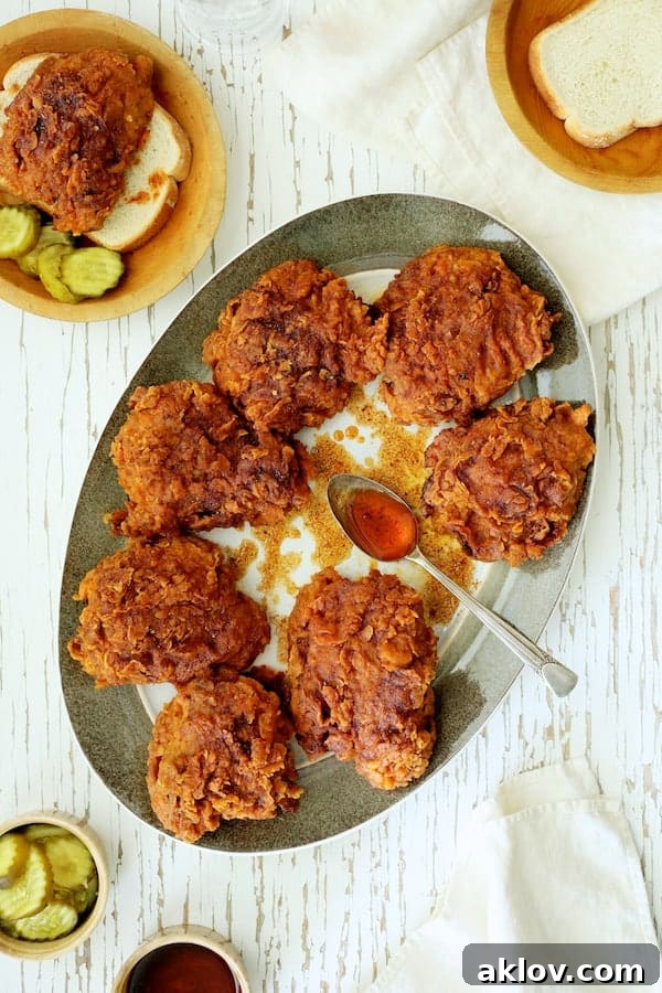 Photo of Nashville Style Hot Fried Chicken on gray-rimmed platter with traditional accompaniments: White bread, dill pickles and extra sauce.