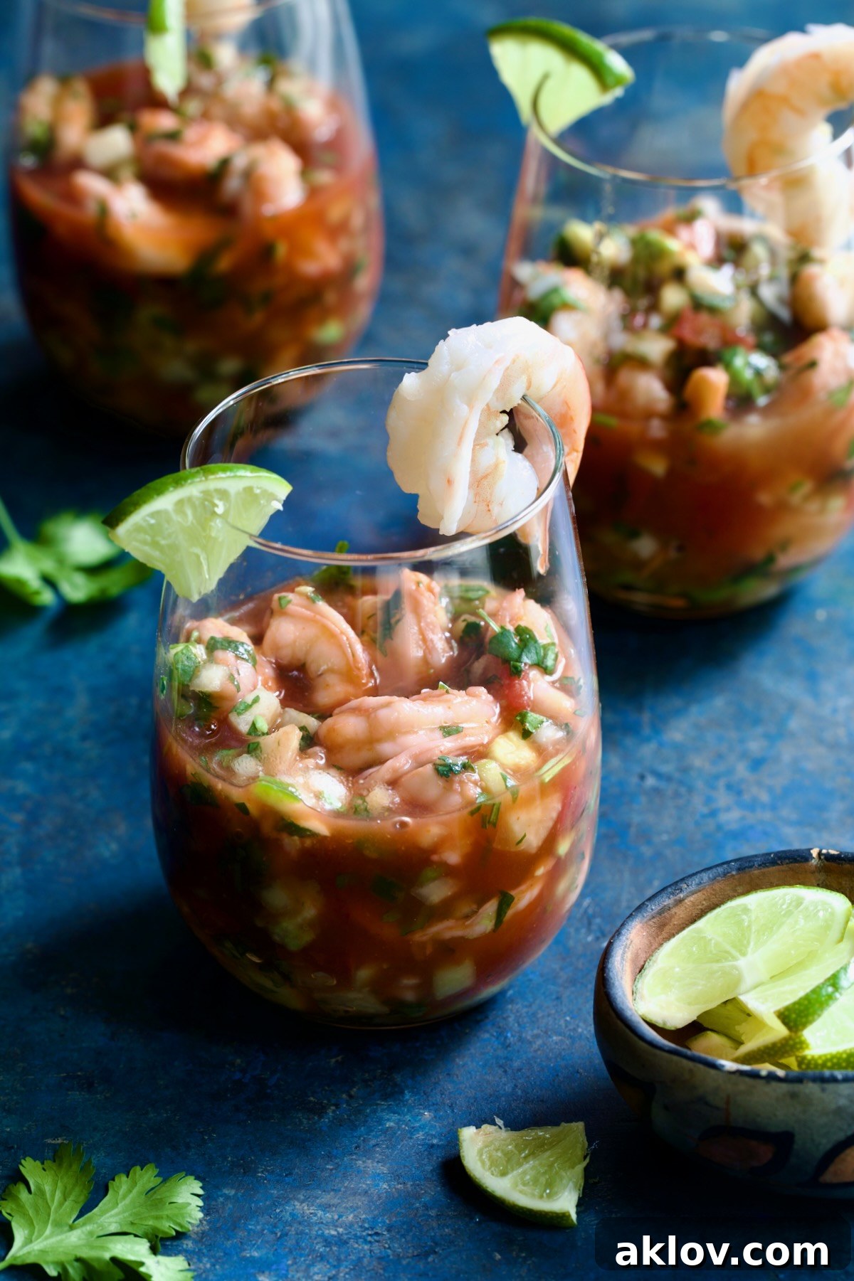 Three glasses of Mexican Shrimp Cocktail.