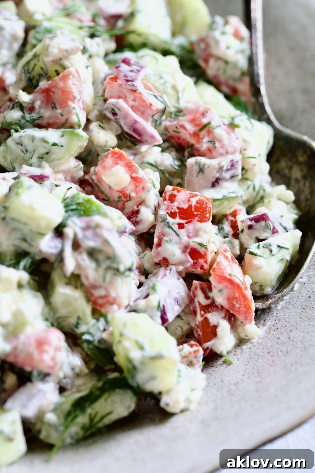 A beautifully presented serving of Creamy Cucumber Feta Tomato Salad, vibrant and inviting, ready to be enjoyed as a light and refreshing side dish or main course.