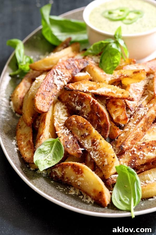 Photo of Oven Fries with Spicy Pesto Aioli artfully garnished with vibrant basil leaves and a dusting of Parmesan cheese.