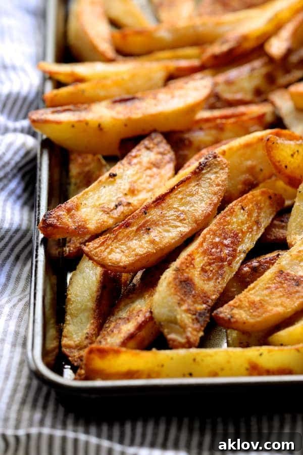 Close-up photo of the beautifully cooked oven fries, highlighting their golden, crispy exterior and appealing texture.