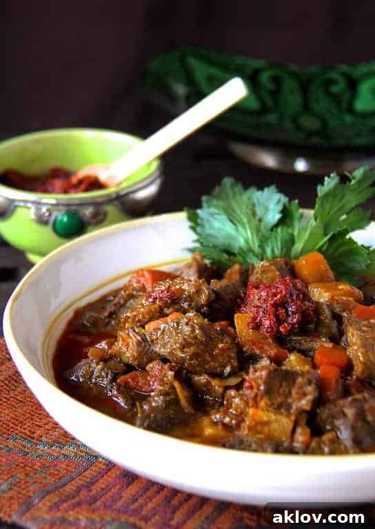Photo of Moroccan Beef Stew with Harissa in white bowl garnished with celery leaves and harissa