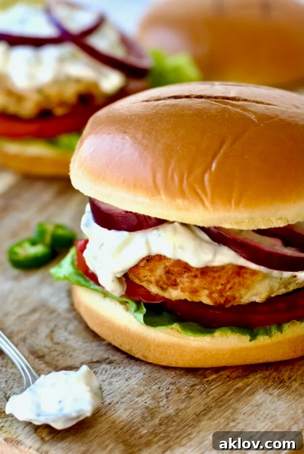 Grilled Ground Chicken Burgers with Spicy Tzatziki sauce presented on a wooden cutting board, accompanied by a spoonful of the creamy sauce.