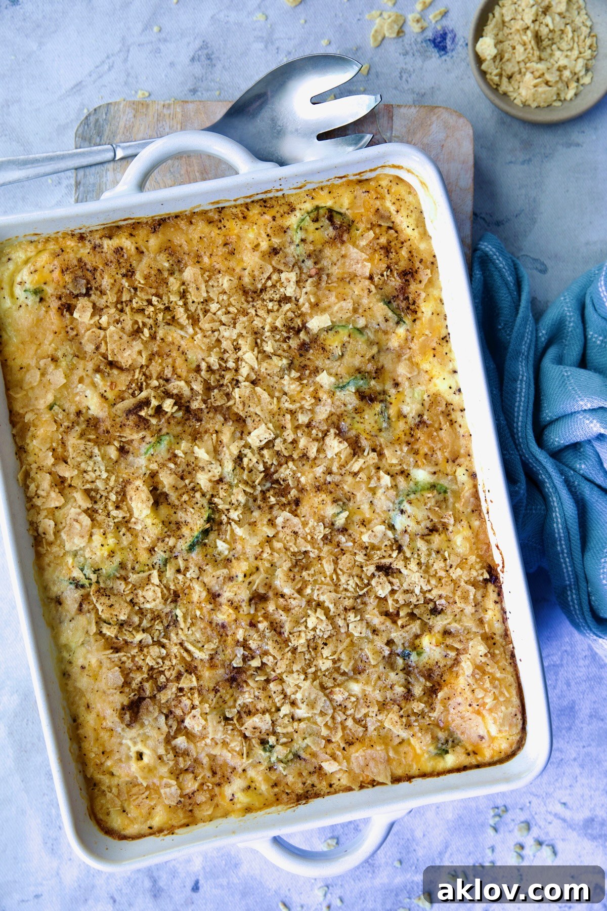 Baked Summer Squash Corn Poblano Casserole, golden brown and bubbling, fresh out of the oven.