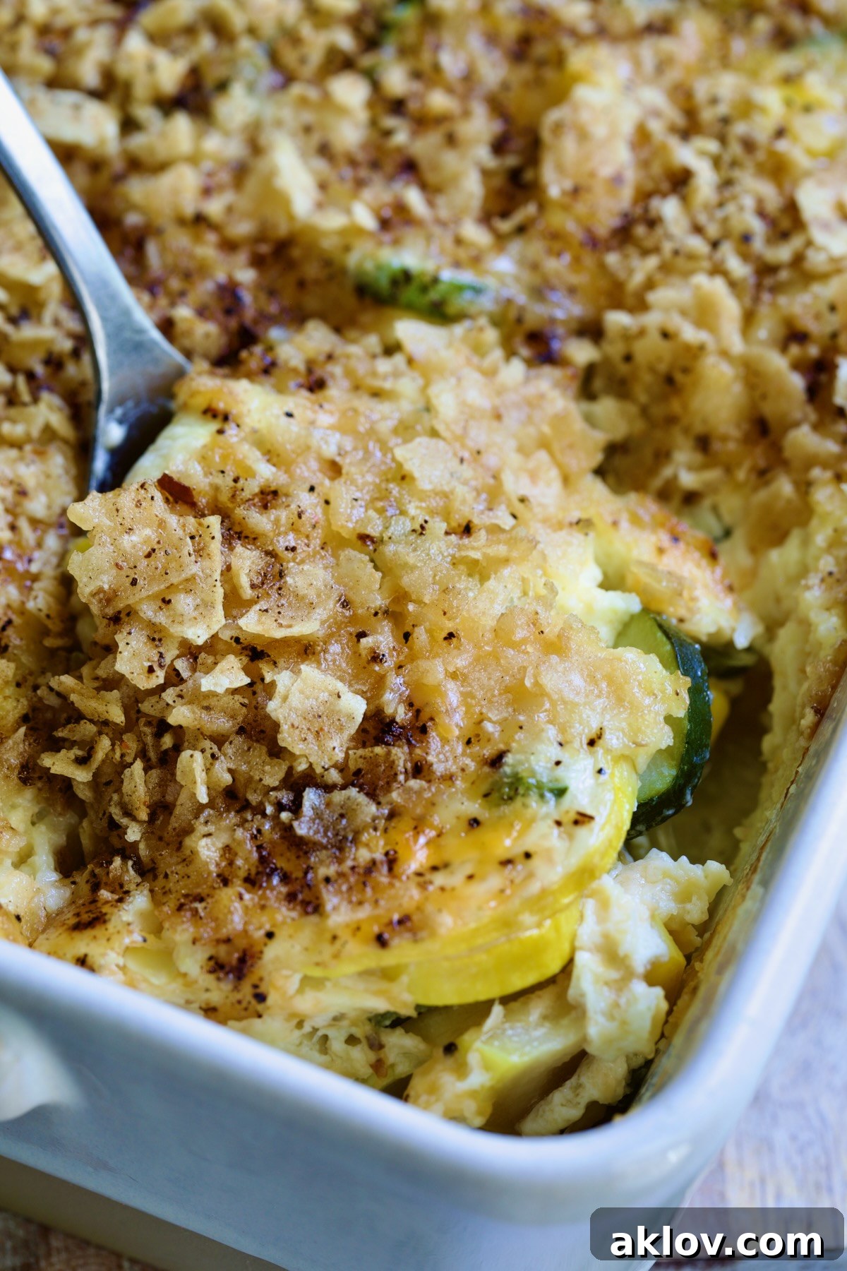 Summer Squash Corn Poblano Casserole in rectangular white baking dish with serving spoon, a close-up of the delicious topping.