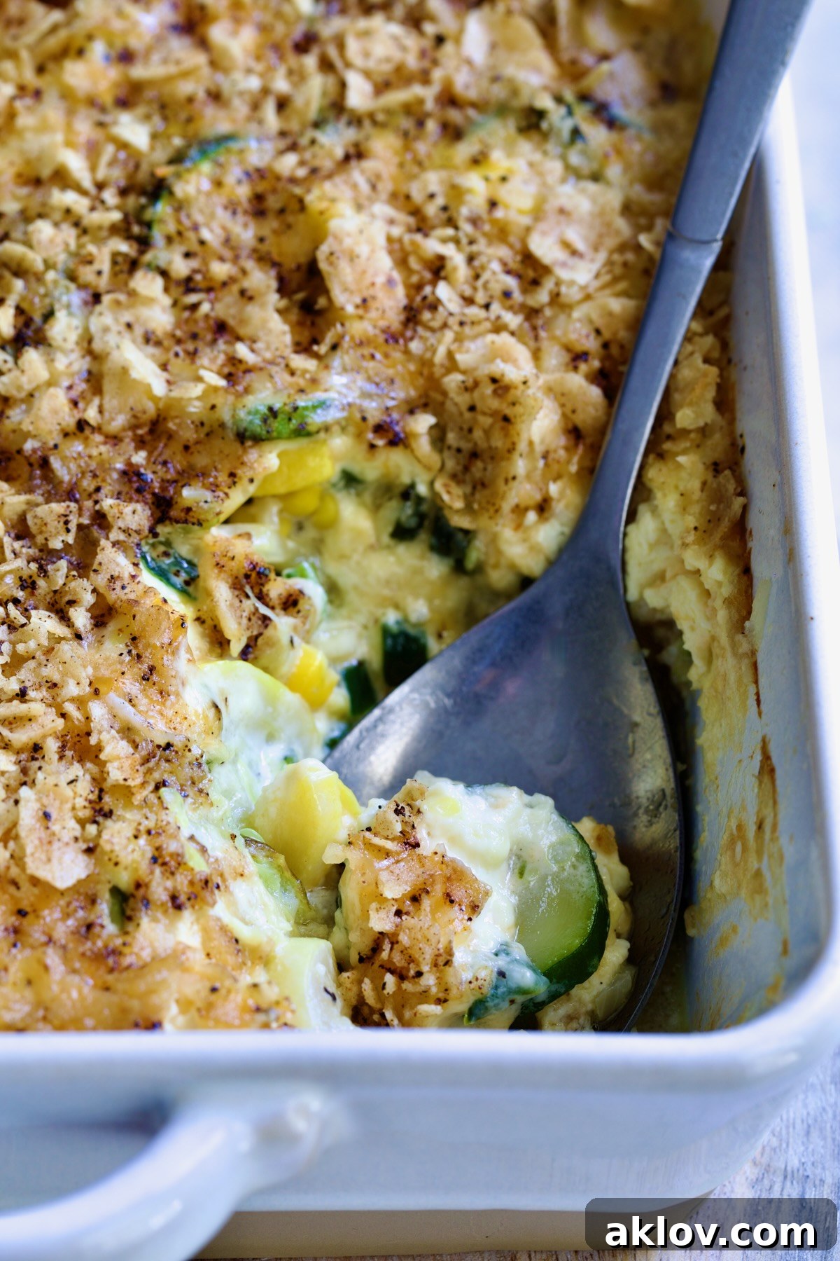 Another view of the Summer Squash Corn Poblano Casserole in a rectangular white baking dish with a serving spoon.