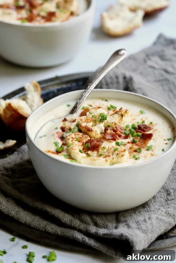 Photo of Cauliflower Potato Soup with Smoked Gouda in white bowl with soup spoon.