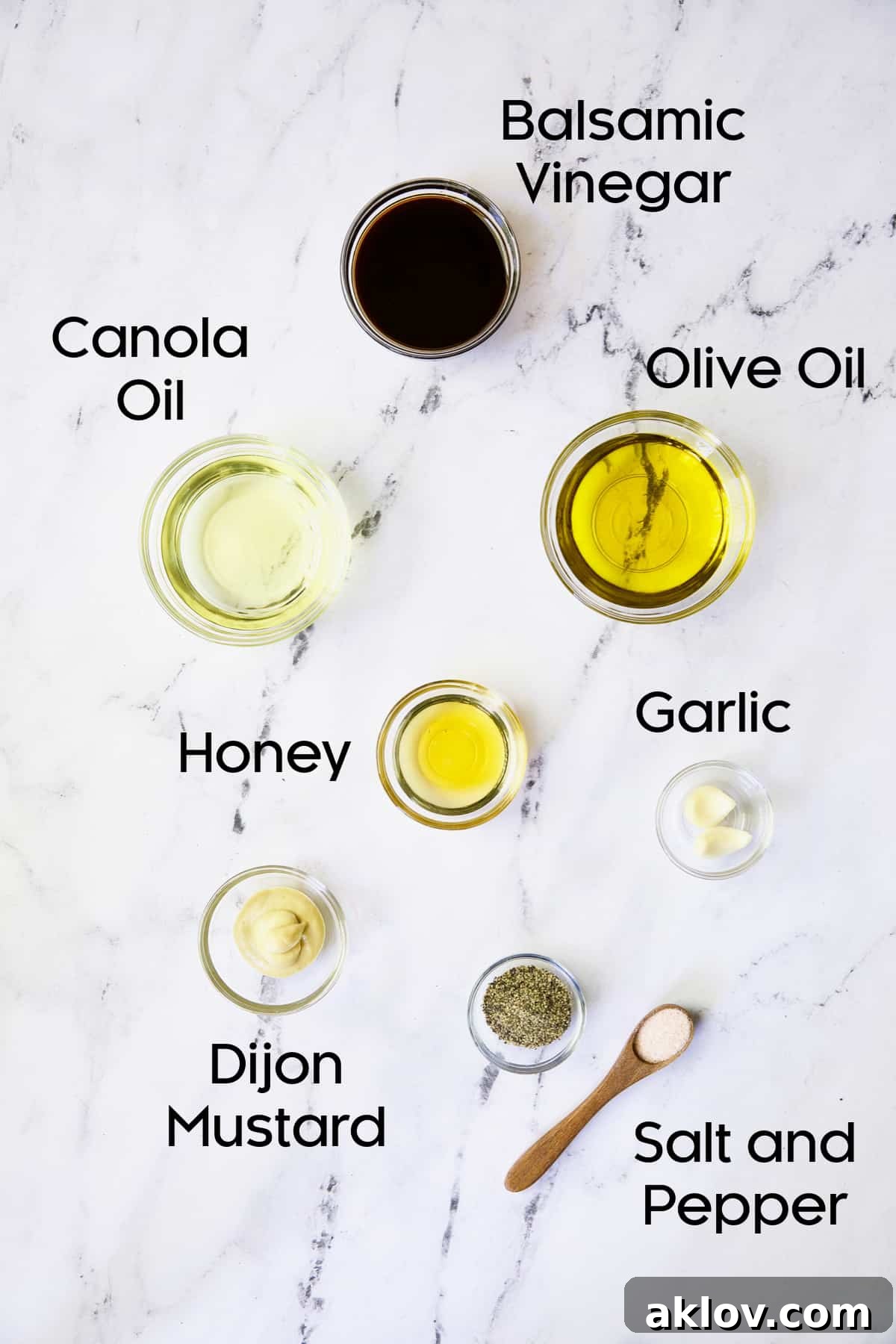 Photo of ingredients for Honey - Balsamic Dressing in glass bowls.