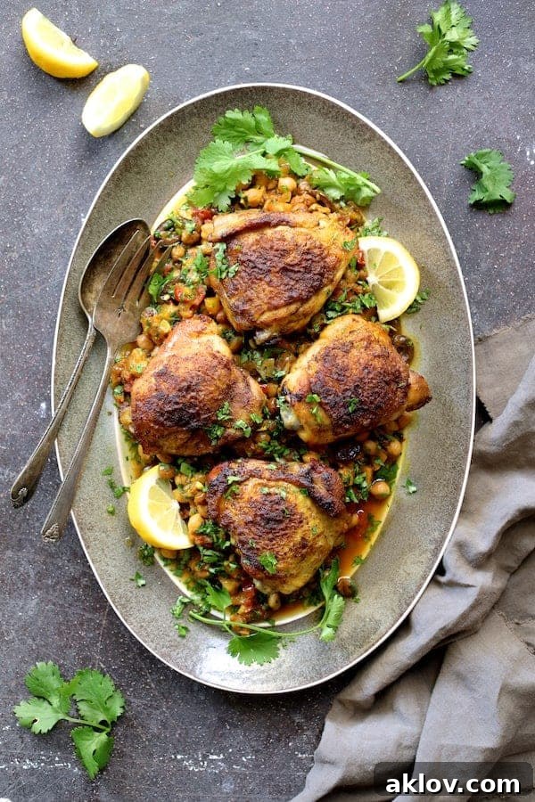 Authentic Moroccan Chicken Tagine 5 A large platter of Moroccan Chicken Tagine with Butternut Squash, Chickpeas and Olives, beautifully garnished with fresh cilantro and vibrant lemon wedges, ready to serve.