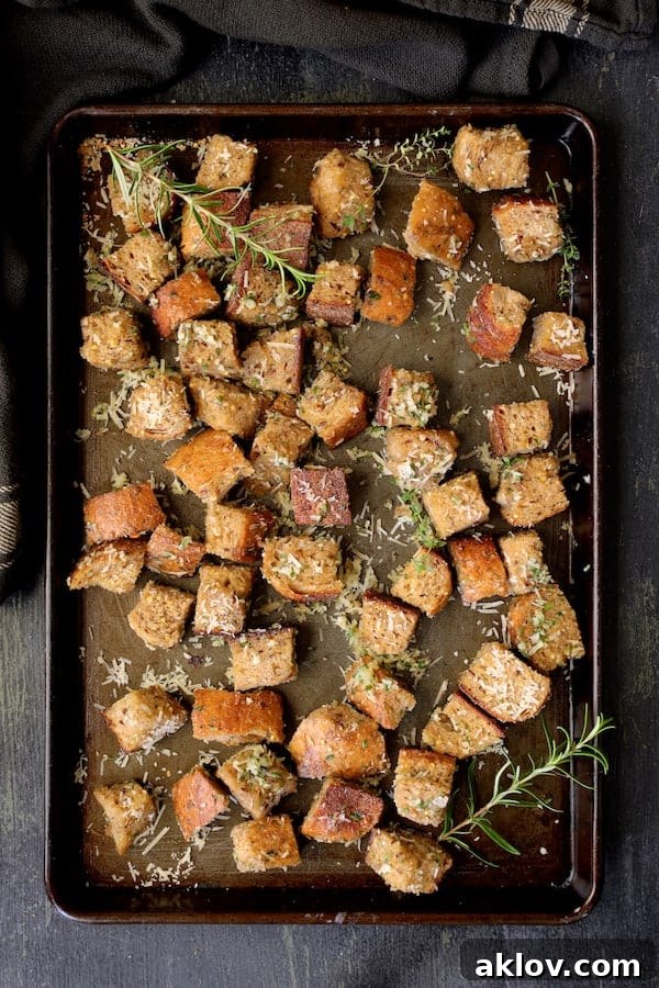 Unbaked whole-grain bread cubes mixed with herbs and Parmesan cheese on a baking sheet, ready for the oven.