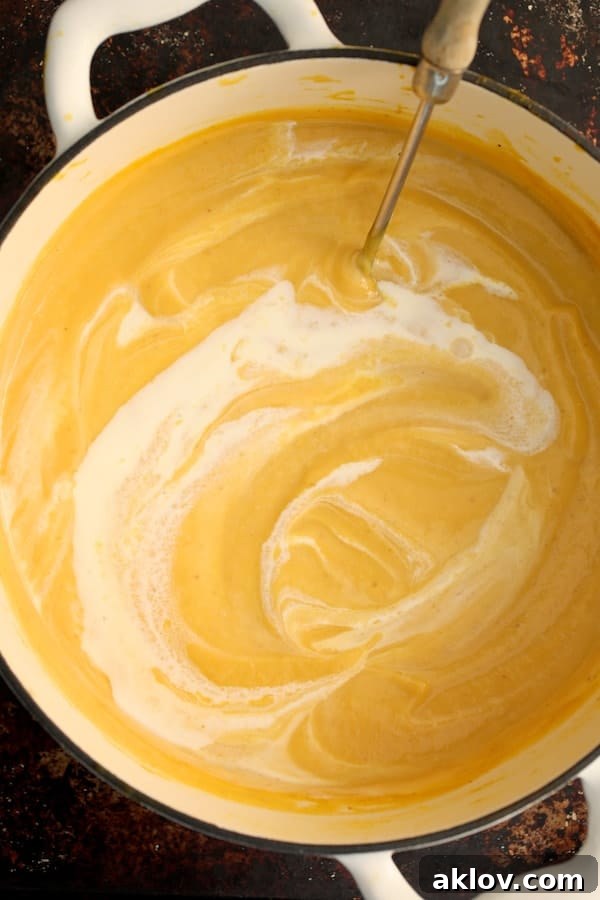 Marsala-Infused Pumpkin Velvet with Mascarpone Swirl 3 Photo of Pumpkin Soup with Marsala and Mascarpone in Dutch oven being stirred with a ladle.