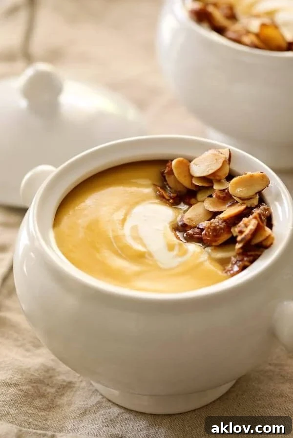 Marsala-Infused Pumpkin Velvet with Mascarpone Swirl 7 Pumpkin Soup with Marsala and Mascarpone in bowl with almond topping.
