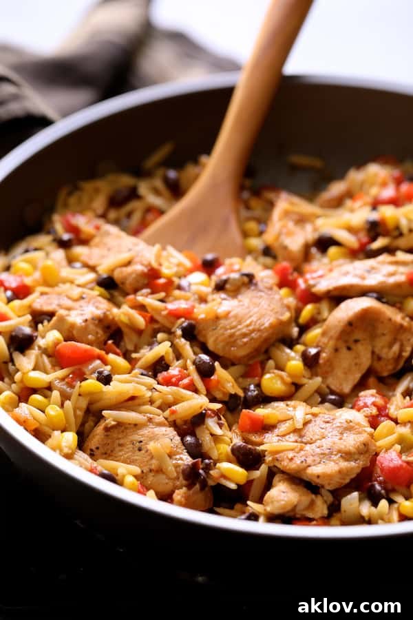 Close-up photo of the Southwestern Chicken Orzo and Black Bean Skillet simmering, with a wooden spoon stirring the rich, saucy mixture of chicken, orzo, and vegetables.