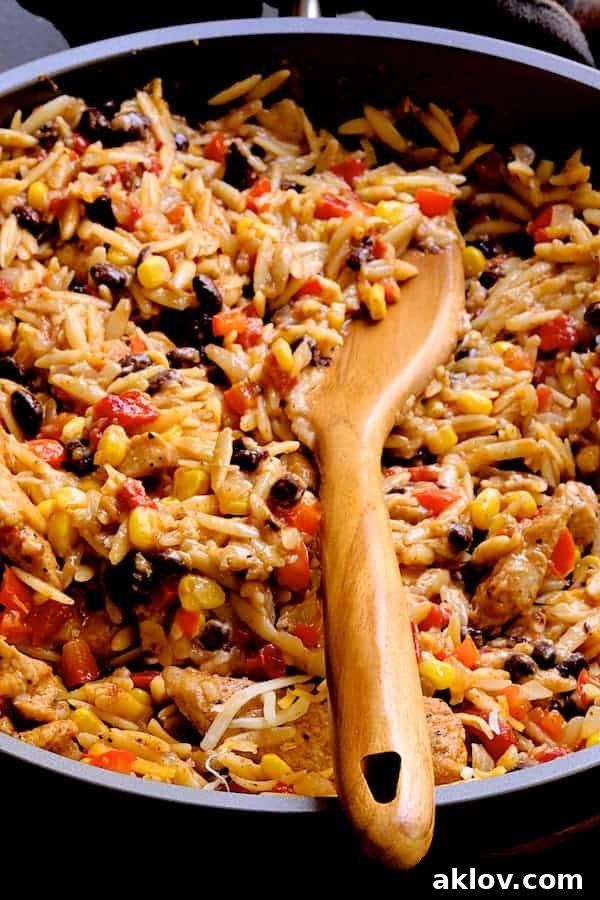 A close-up shot of a serving of Southwestern Chicken Orzo and Black Bean Skillet with a wooden spoon, highlighting the rich and inviting textures.