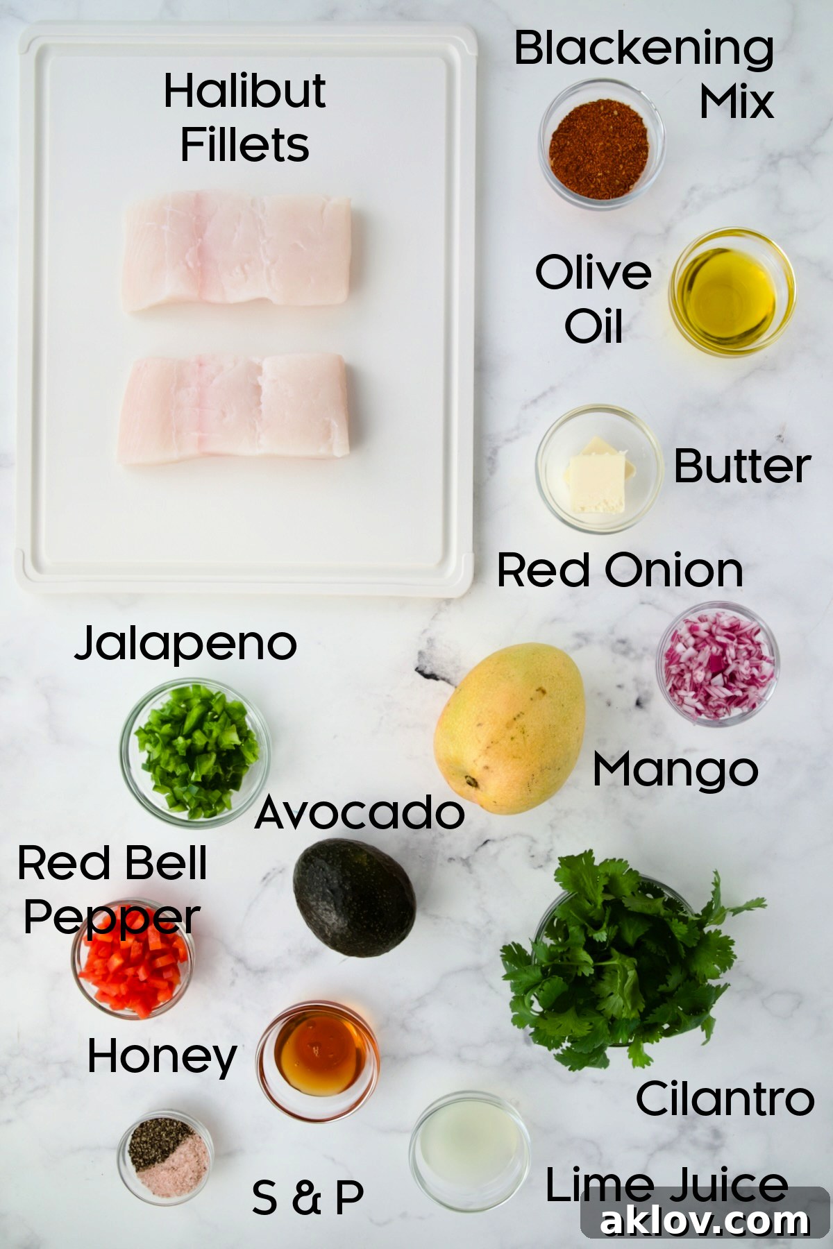 Ingredients for Blackened Halibut with Mango - Avocado Salsa in glass bowls with the fish on a white plastic cutting board.