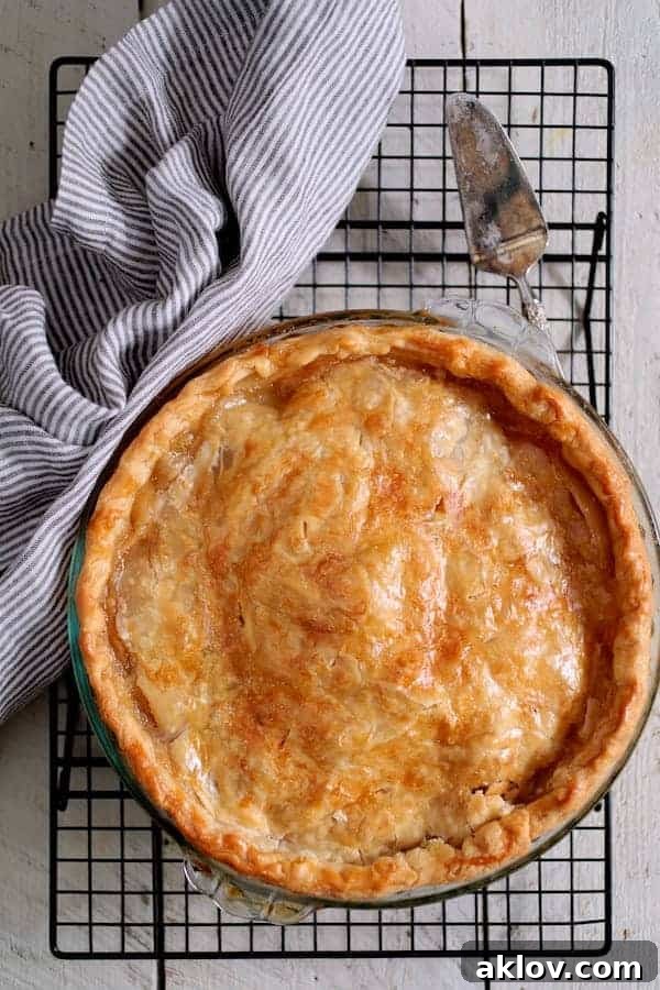 Photo of whole apple pie on cooling rack with gray striped towel.