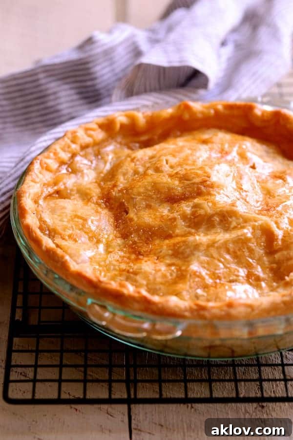 Photo of baked apple pie on cooling rack.