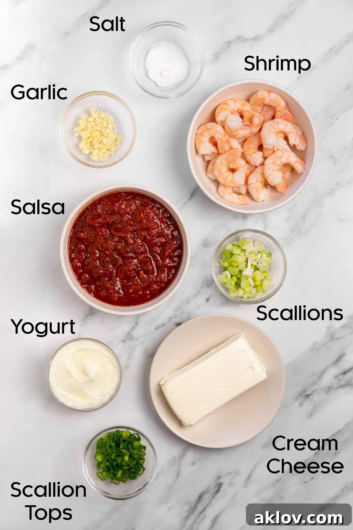 Ingredients for Creamy Shrimp Salsa Dip in glass bowls.