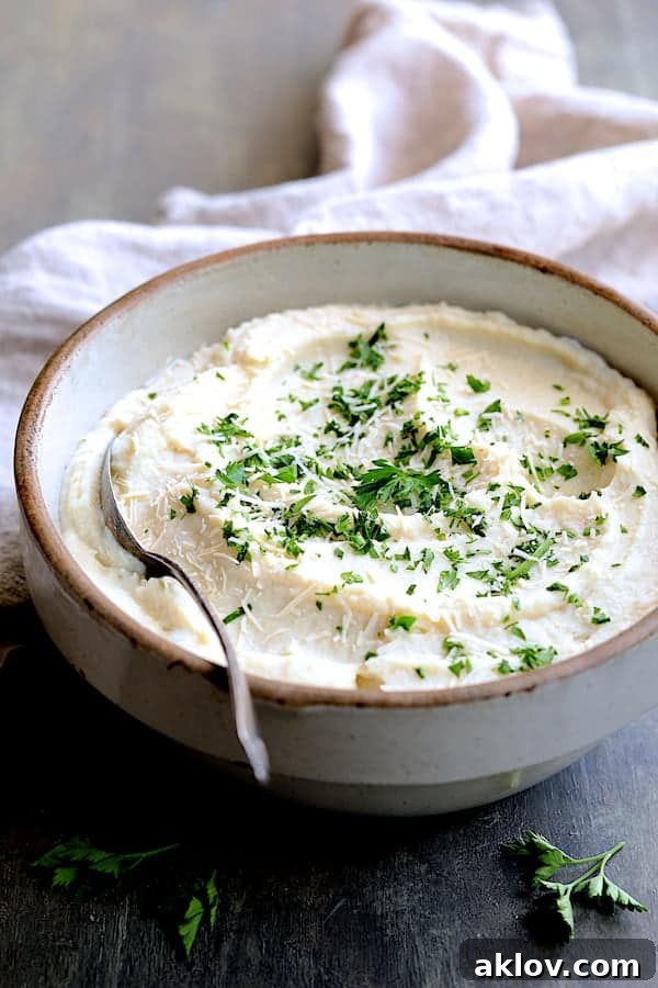 Cauliflower White Bean Puree in a rustic clay bowl, garnished with freshly grated Parmesan cheese and chopped parsley. Steam gently rises, highlighting its warm and inviting nature.