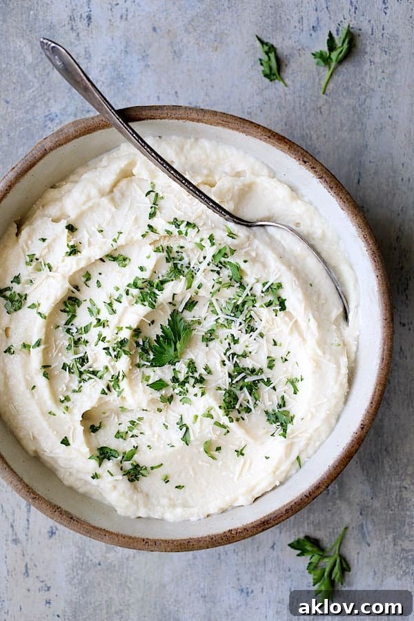 A close-up shot of Cauliflower White Bean Puree in a clay bowl, delicately garnished with fresh parsley. The smooth, creamy texture is visible, promising a delightful culinary experience.