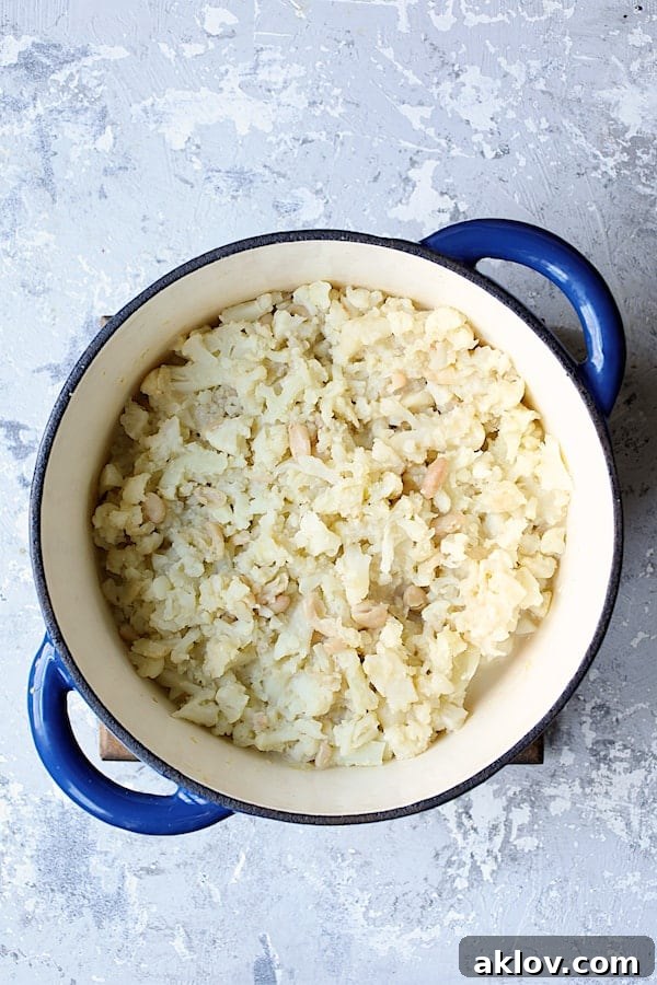 Cooked cauliflower and white beans, visibly tender and moist, prepared in a Dutch oven and ready for the next step of pureeing.