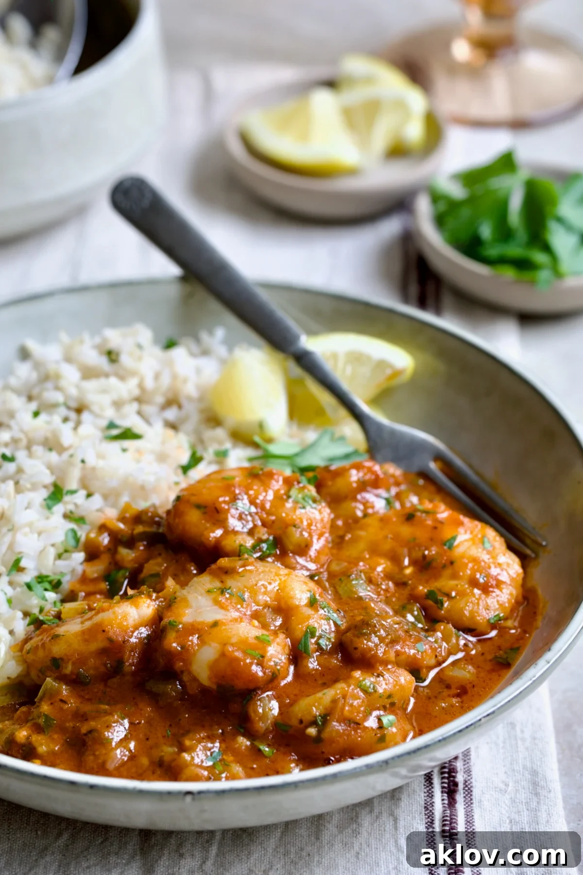 Best Shrimp Creole in beige serving bowl with brown rice and lemon wedges with fork.