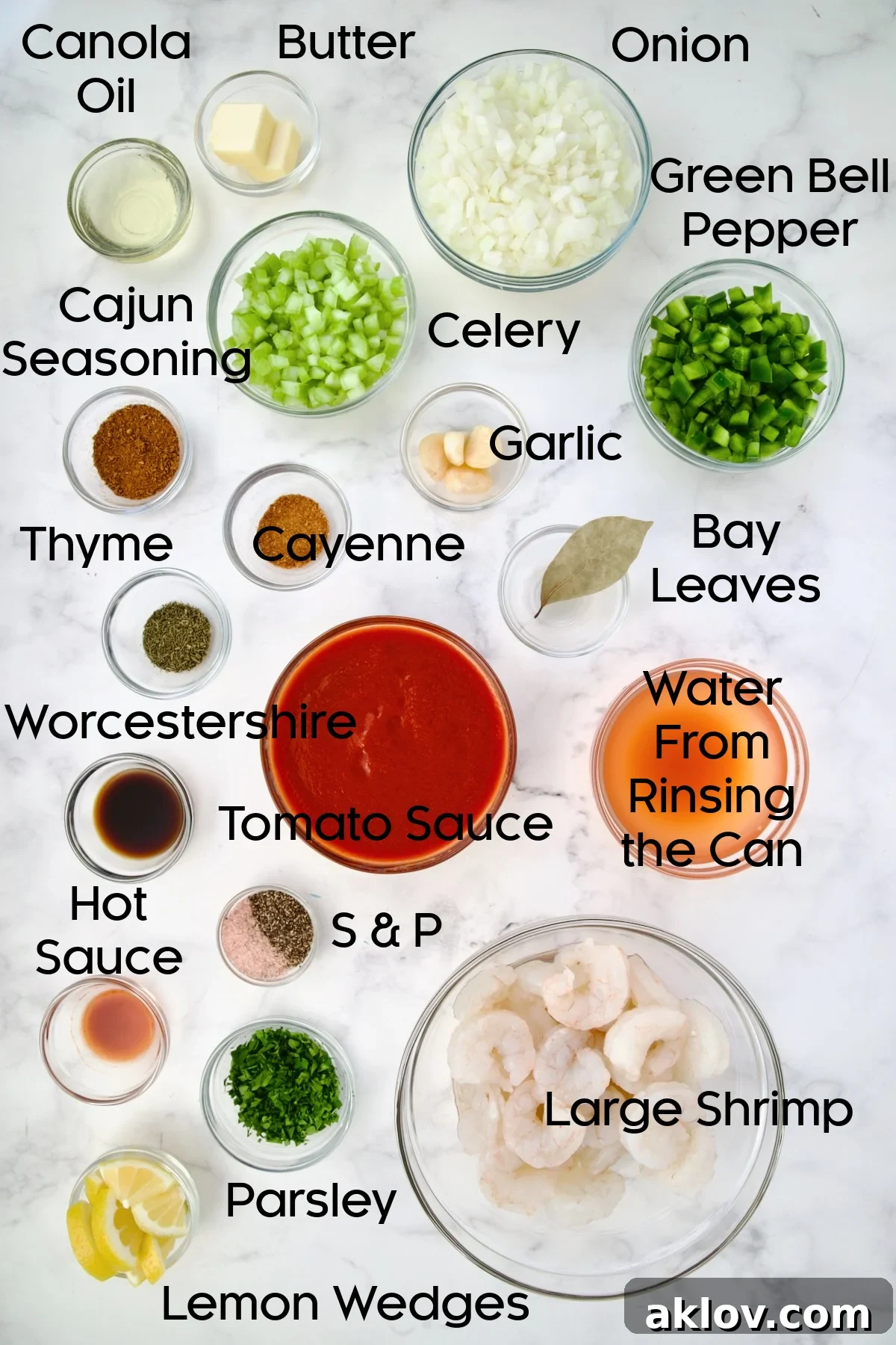 Ingredients for Best Shrimp Creole in glass bowls.