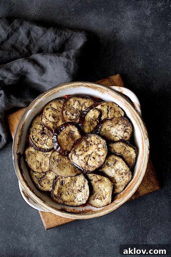 Photo of second layer of eggplant in clay baking dish. The final layer of tender eggplant slices is placed atop the rich tomato sauce, completing the vibrant arrangement in the clay baking dish.