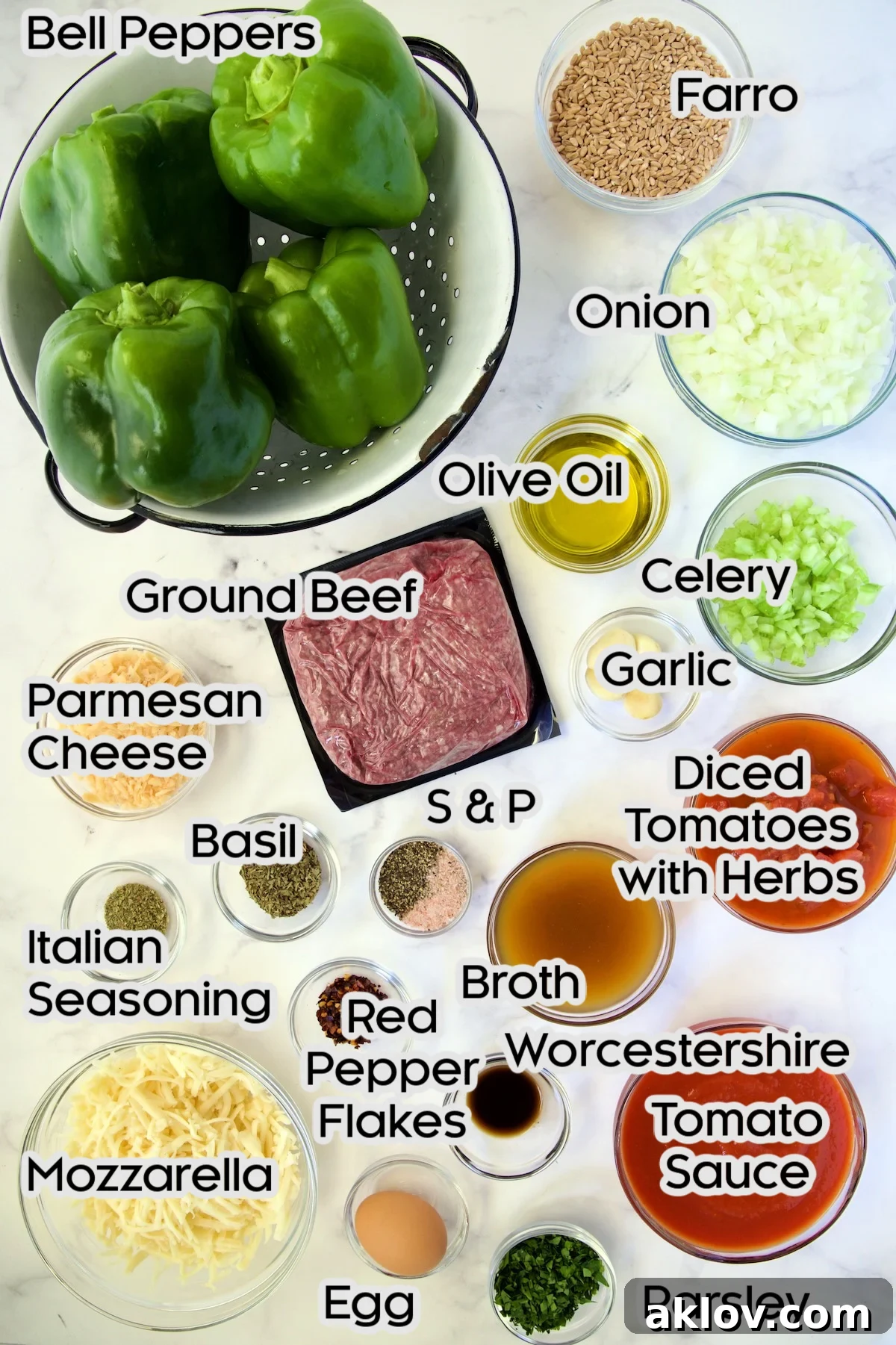 Fresh ingredients laid out for making Italian Stuffed Peppers.