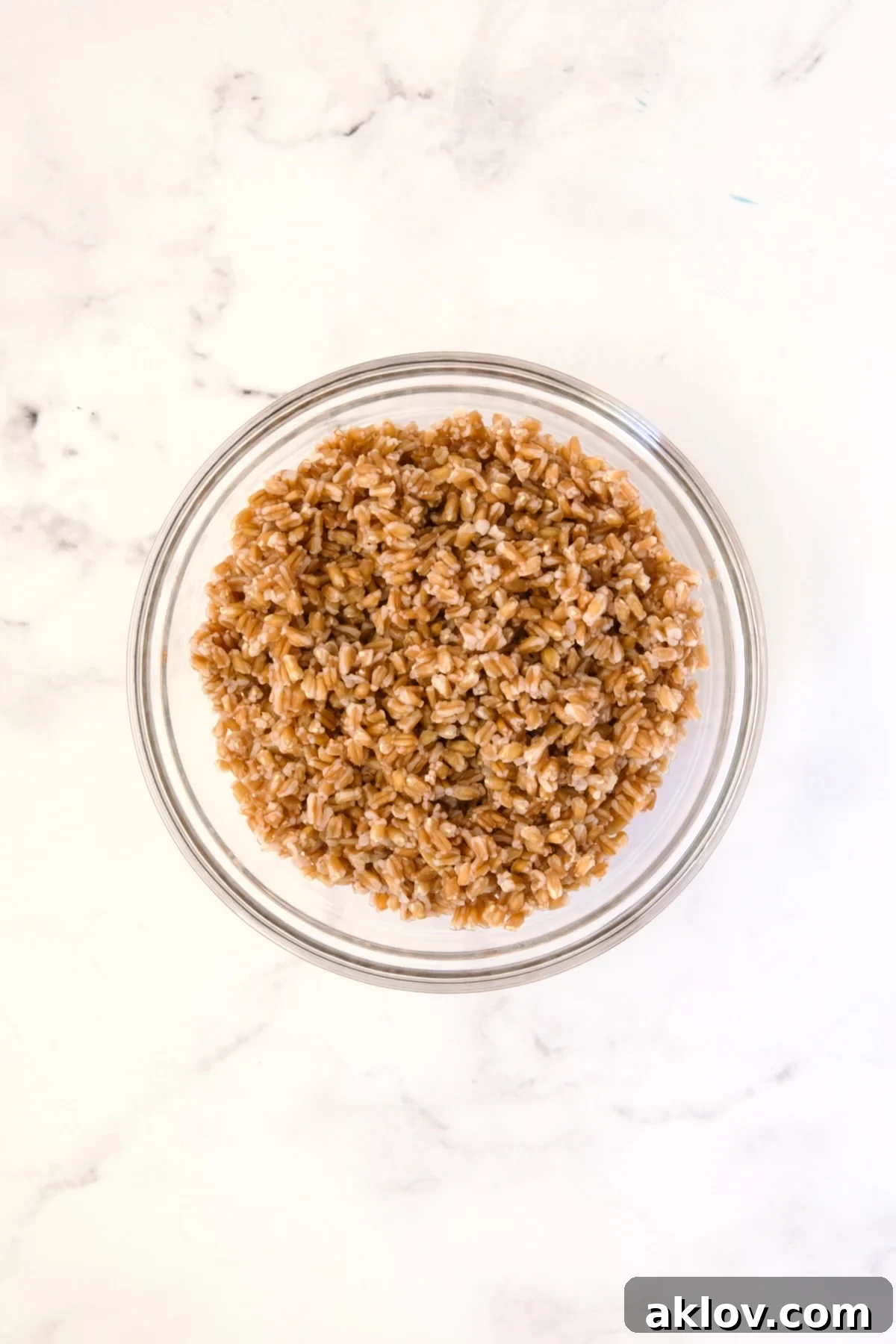 Cooked farro in a glass bowl, ready for mixing into the filling.