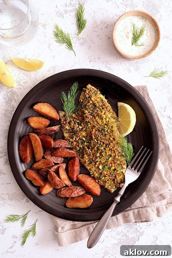 Photo of Pistachio-Crusted Fish with Lemon-Dill Aioli on black plate with roasted potatoes.