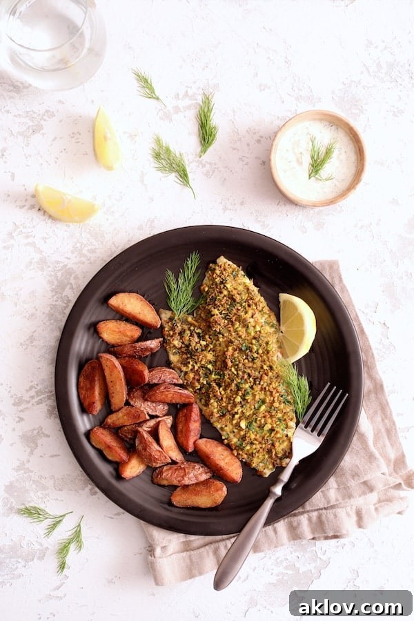 Photo of Pistachio-Crusted Fish with Lemon-Dill Aioli served with roasted potatoes garnished with lemon slices and dill sprigs on black plate.